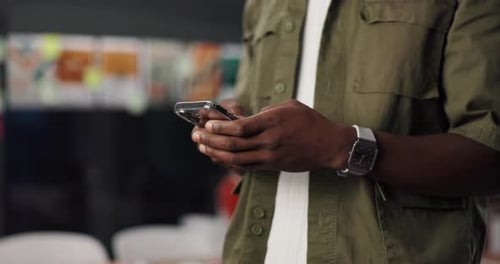 Phone, hands and businessman in office with contact, communication or social media on mobile app