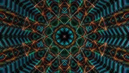 abstract lines of colorful twinkling light shining brightly in the center round, black background