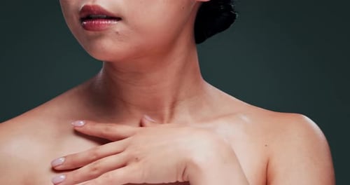 Body, touch or skincare of model, shoulder or beauty in studio isolated on a blue background