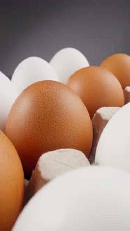 Chicken Eggs Packed in Cardboard Box Macro Dolly Out Shot Brown and White Eggs