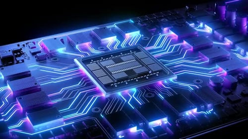 Futuristic CPU Circuit Board Animation with Glowing Neon Lines