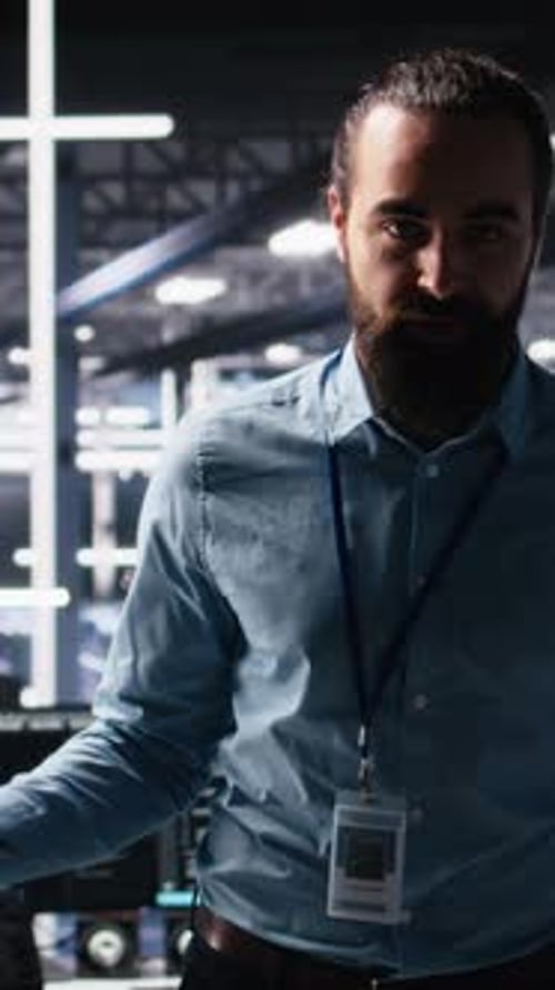 Vertical Video Data Center System Administrator Showcasing Supercomputers Gear and AI