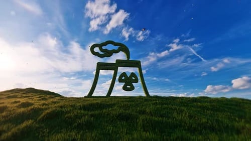 Animated Green Nuclear Power Plant Icon on Grassy Hill