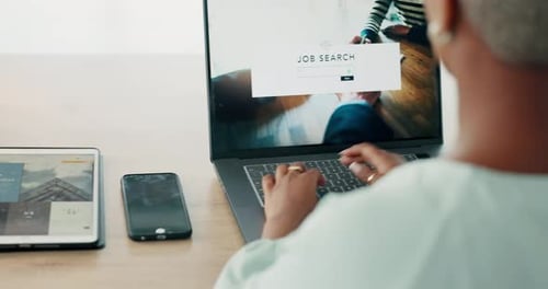 Change, career and job search on laptop by corporate employee working in office