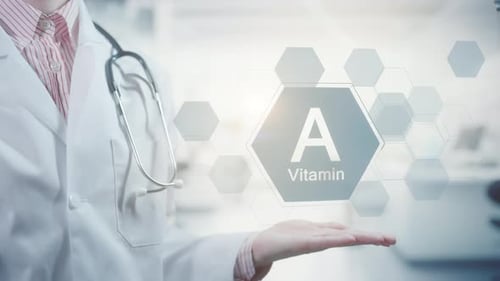 Pharmacy Expert Doctor Showing Symbol for the Vitamin A Clean Abstract Commercial Background