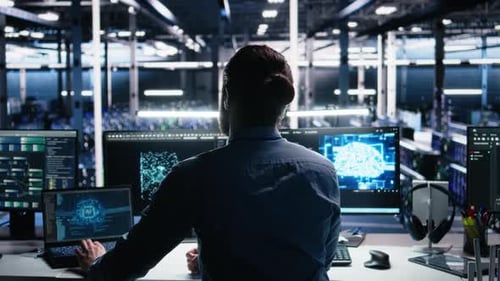 Man Works with AI Data in Modern Office