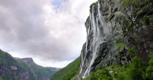 Geiranger fjord, waterfall Seven Sisters. Beautiful Nature Norway natural landscape.