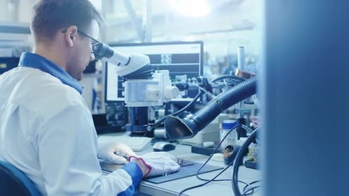 Electronics Factory Worker in White Work Coat Inspects a Printed Circuit Board Through a Digital Mi