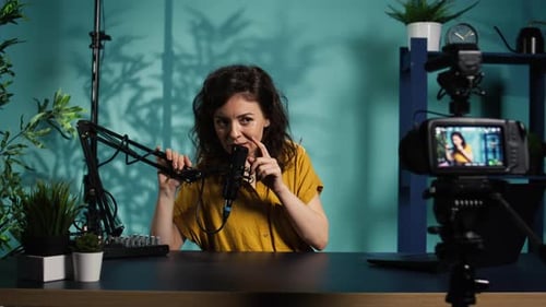 Woman Recording Video Podcast at Home Studio