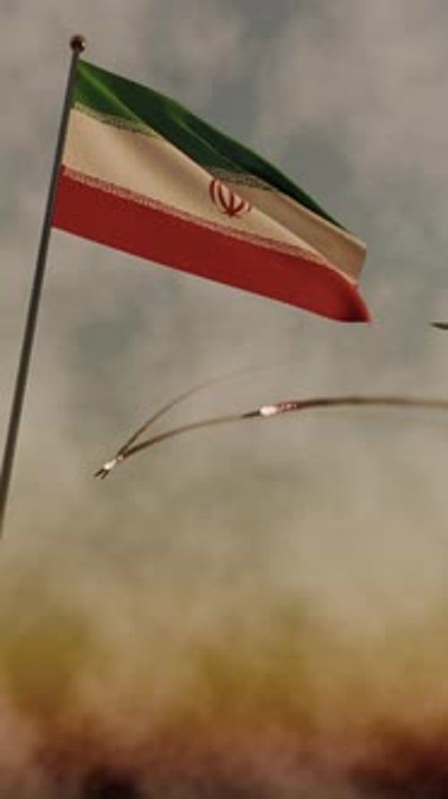 Iranian Flag Waving with Military Missiles Flying