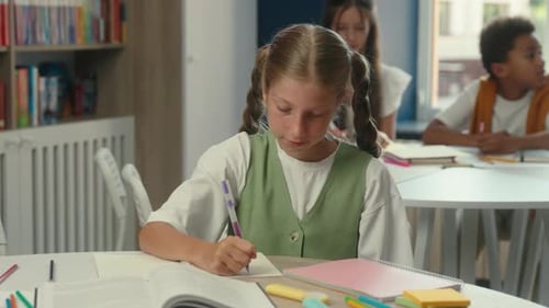 Smiling Happy Caucasian Girl Teen Daughter School Kid Child Pupil Schoolgirl at Class Table Writing
