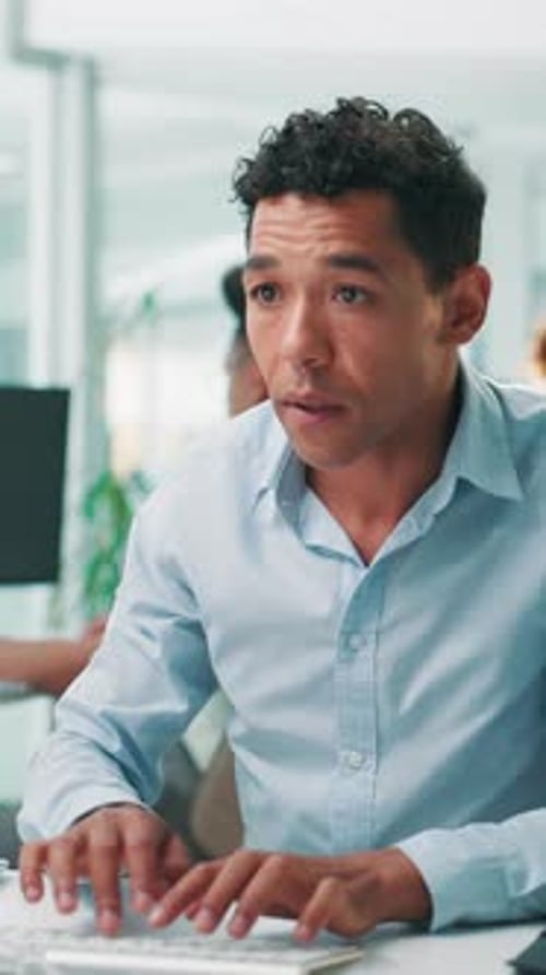 Typing, coding and business man in office for software update, game development and app validation