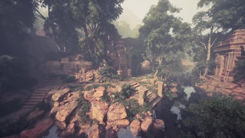 Ancient Ruins Surrounded By Lush Greenery and Serene Waterway