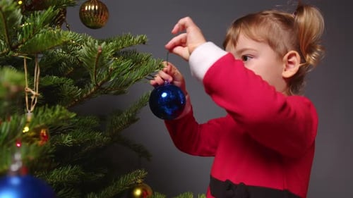 Child Decorates Christmas Tree with Blue Ornament