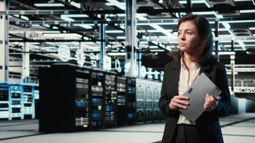 Data Center Female Programmer Creating Digital Twin Scan to Optimize Servers