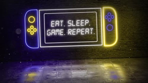 Eat Sleep Game Repeat In Neon Game Console Dark Blue And Yellow