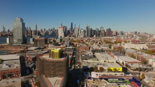 Aerial Views Capture the Williamsburg Neighborhood in Brooklyn Featuring Iconic Manhattan Skyline