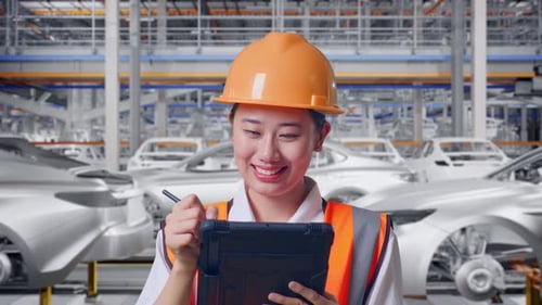 Gros plan d'une ingénieure asiatique prenant des notes sur la tablette dans une usine automobile