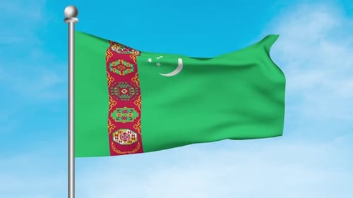 Turkmenistan Flag Waving in the Wind against Blue Sky