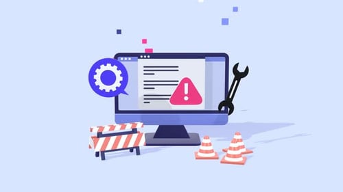 Animación del sitio web en mantenimiento con mensajes de error y señal de advertencia.