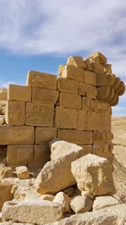 Shobak Castle Ruins in Jordan, Ancient Stone Wall With Desert Landscape