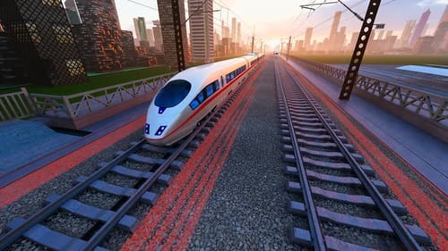 Modern High-Speed Train Journey Through Urban Cityscape
