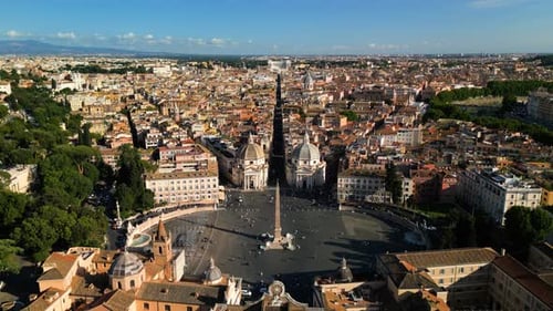 Drone Descends to Reveal Porta del Popolo, Flaminio Obelisk. Rome, Italy