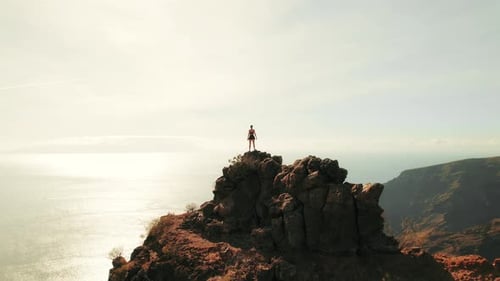 A lone figure stands on a rocky summit overlooking a vast sea and distant mountains. Woman gazes tow