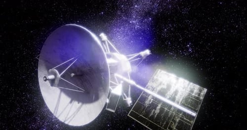 Futuristic Space Satellite with Solar Panels Orbiting Among Stars