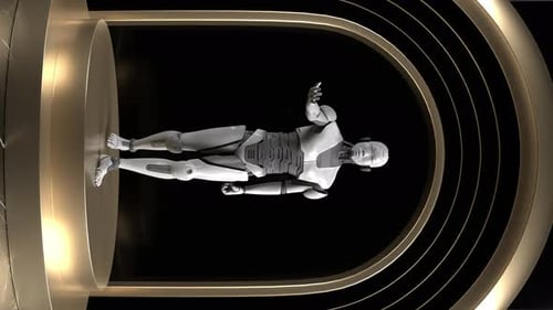 Prototype de robot dans une vitrine pour les technologies futures, rendu 3D vertical sur fond noir