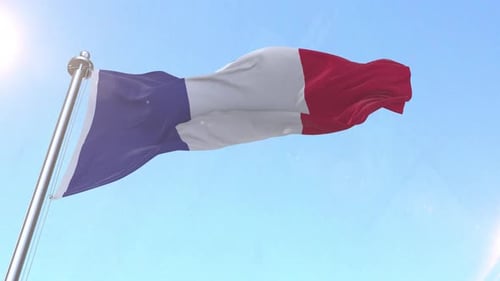 Realistic French Flag Waving Against Bright Blue Sky