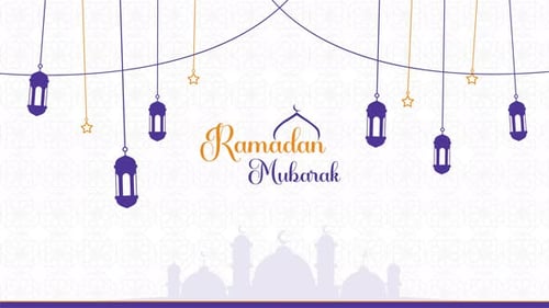 Ramadan Mubarak Greeting with Swinging Lanterns and Mosque Silhouette