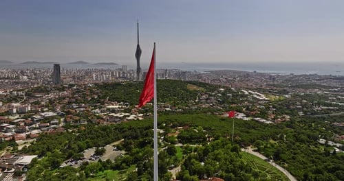 Aerial View of Expansive City with Red Flag