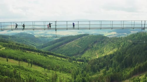 Tourists View Landscape on Suspension Sky Bridge Over Valley
