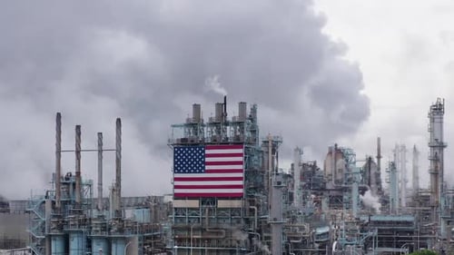 Clouds of Air Pollution at American Oil Factory, Aerial Flying Backward