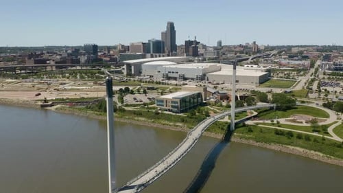Aerial View of Bob Kerrey Pedestrian Bridge with Omaha Skyline in Background