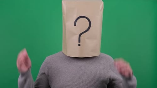 Person with Question Mark Paper Bag Shrugs
