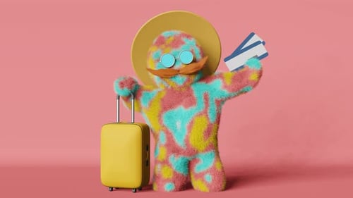 Rainbow hipster Yeti with mustache sunglasses hat yellow suitcase ticket 3d animation loop Modern 4K