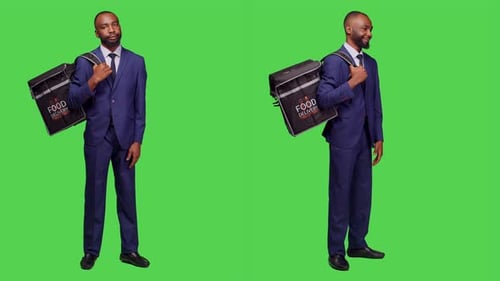 Young Deliveryman in Suit Giving Fast Food Order