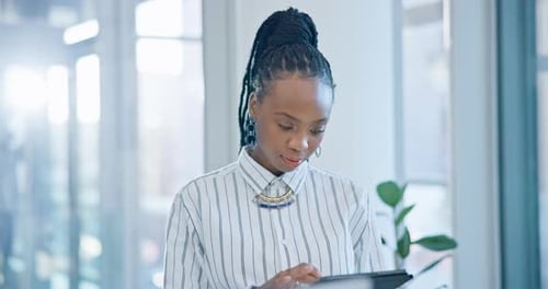 Business, black woman and tablet in office for planning research, online report
