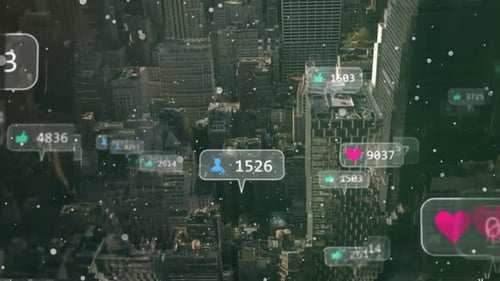 Multiple speech bubbles with social media icons and increasing numbers against cityscape