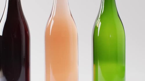 Three colorful bottles stand side by side against a white background