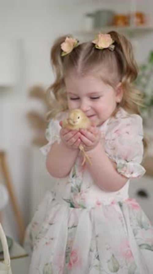 Petite fille avec poulet sur fond festif Concept Innocence Care Spring Mood