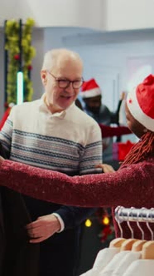 Man Shopping for Clothes at Christmas with Assistant