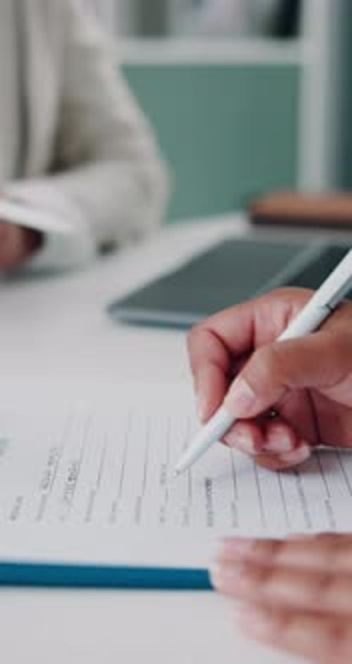 Writing, hands and information with patient at doctors office for medical aid records