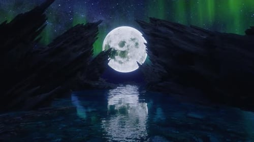 Full Moon Over Water with Aurora Borealis Night Landscape