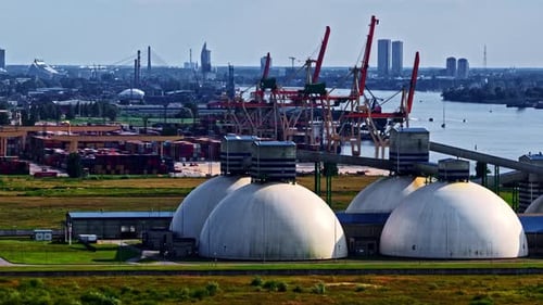 Fertilizer storage containers at the Riga, Latvia Baltic Sea Port - drone reveal