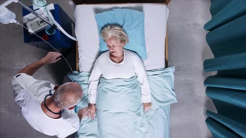 Top View Of Doctor And Covid-19 Patient With Oxygen Mask In Bed In Hospital, Coronavirus Concept.