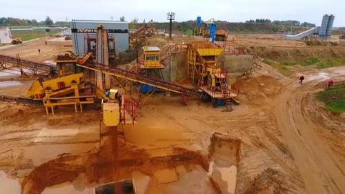 Sky View of Mining Conveyor Sorting Sand. Sand on Mining Conveyor Belt