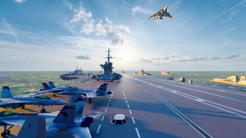 Naval Fleet with Aircraft Carrier and Fighter Jets at Sunrise